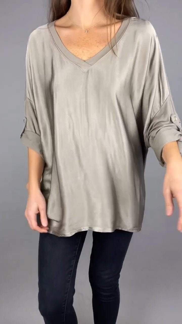 V-neck Casual Satin Mid-sleeve Top