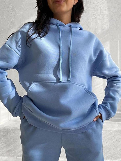 Fleece hooded sweatshirt and trousers two-piece set Blue