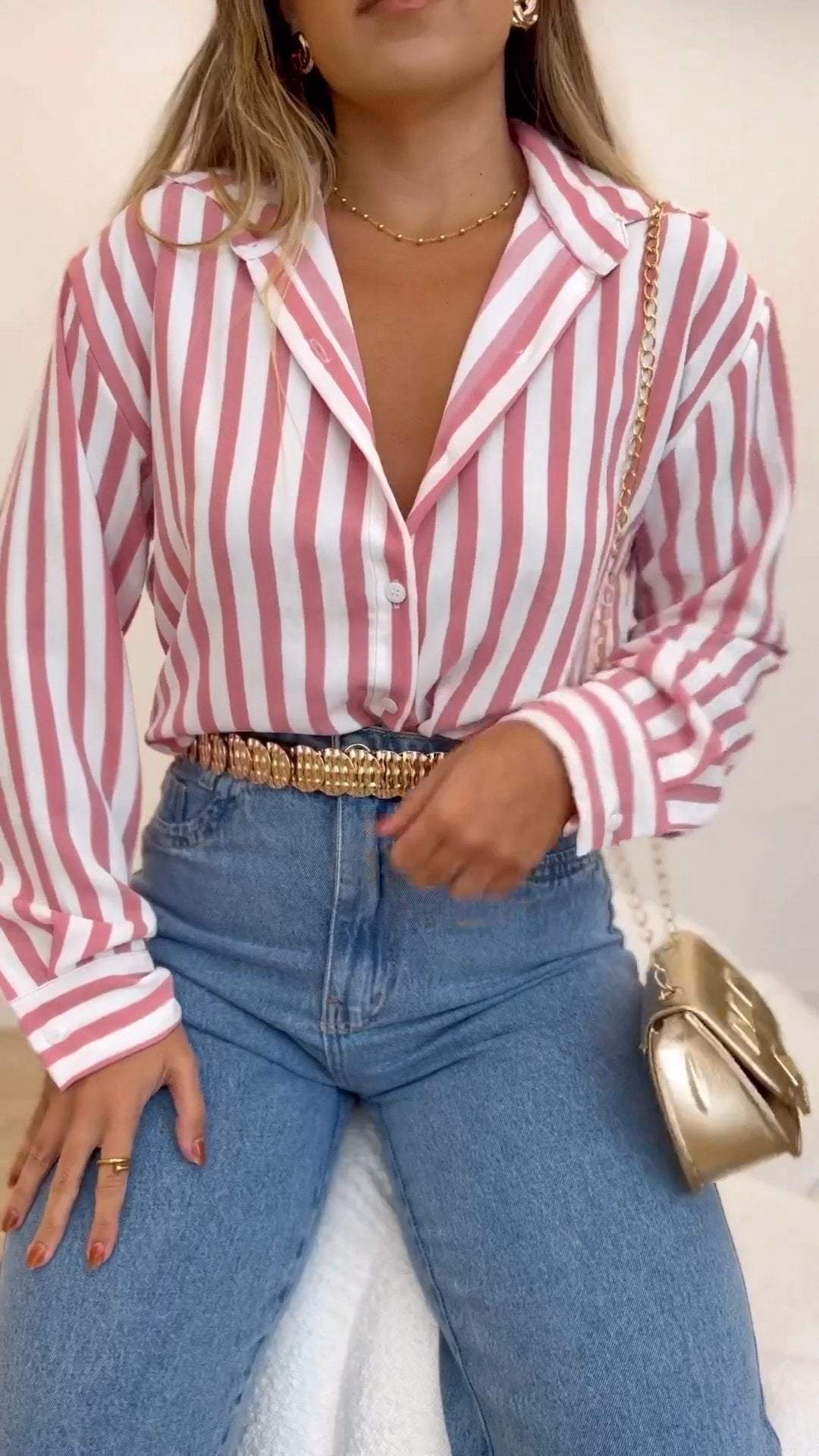 Women's Lapel Long Sleeve Striped Shirt