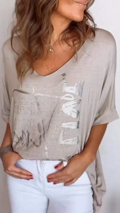 Women's V-neck Printed Mid-sleeve Casual Top