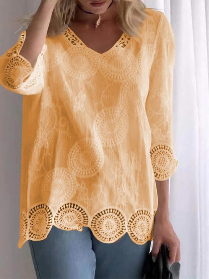 Casual V-neck Lace Hollow Top yellow