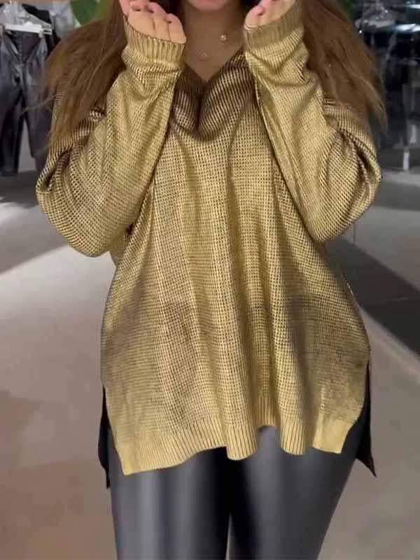 Women's V-neck Gold-stamped Long-sleeved Top