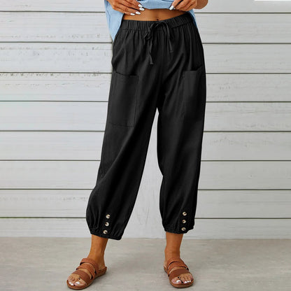 Women's Linen Cotton Pocket Ruffle Casual Pants Wide Leg Pants Black