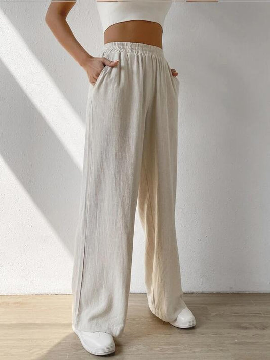 Solid Slant Pocket Wide Leg Pants Apricot