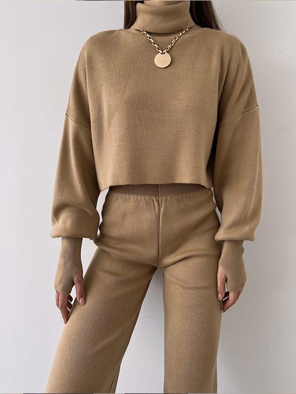 Casual Hoodie with High Neck, Loose Long-sleeved Trousers and Two-piece Set Khaki