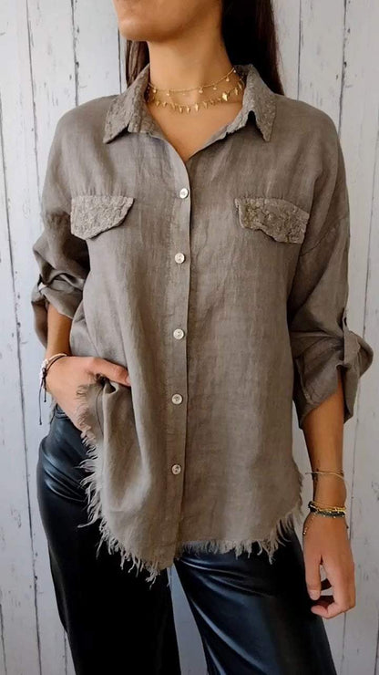 Tassel Lapel Mid-sleeve Cotton and Linen Lapel Shirt brown