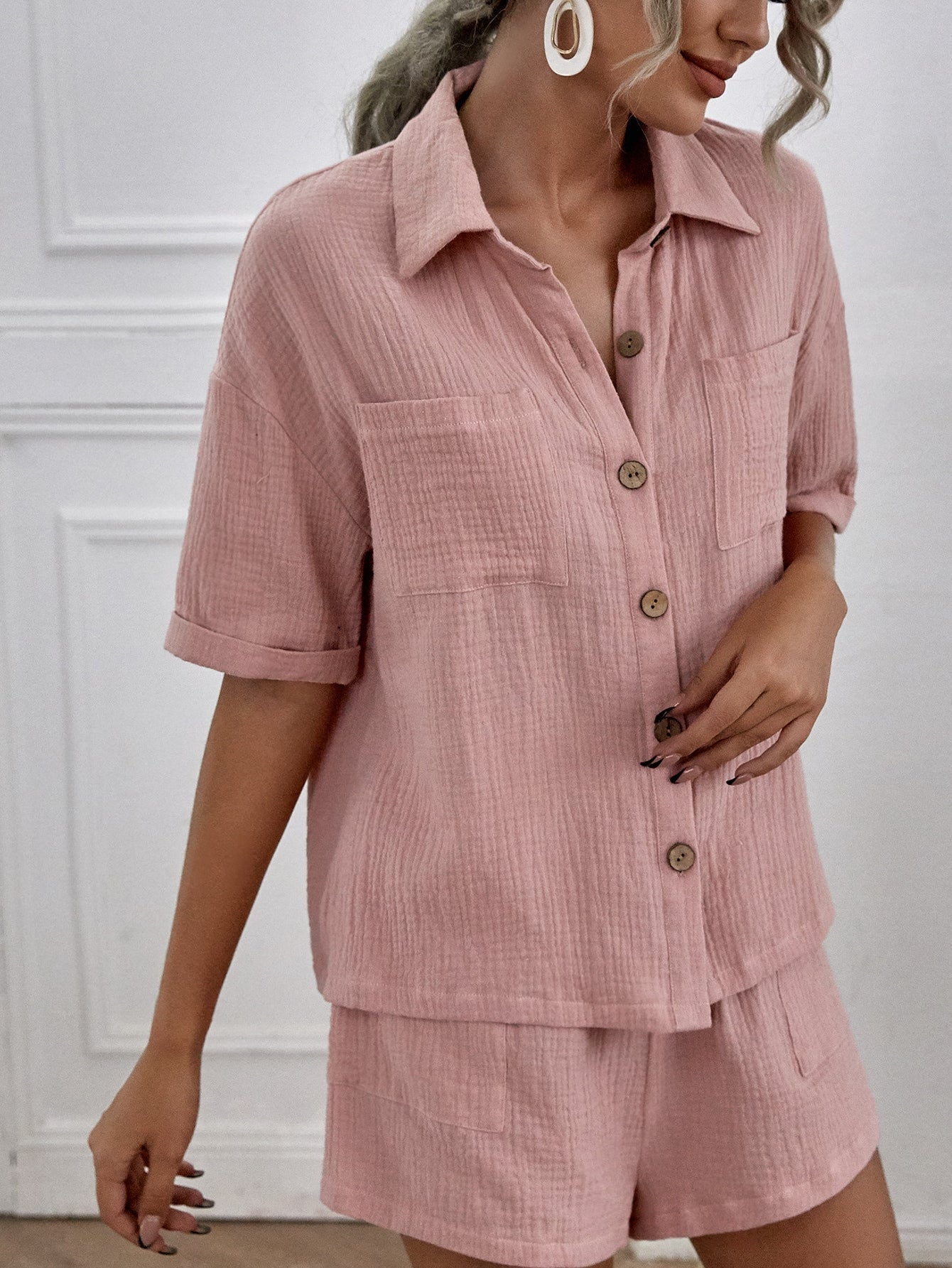 Drop Shoulder Dual Pocket Shirt & Shorts Dusty Pink