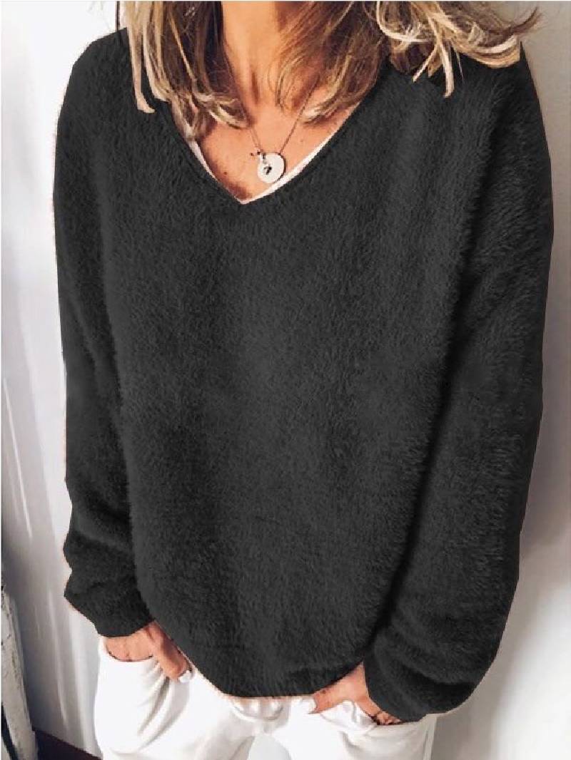 Solid Color V-neck Long-sleeved Plush Top black