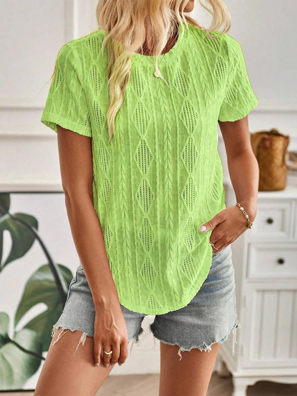 Buttoned Simple Plain Crew Neck Blouse Green