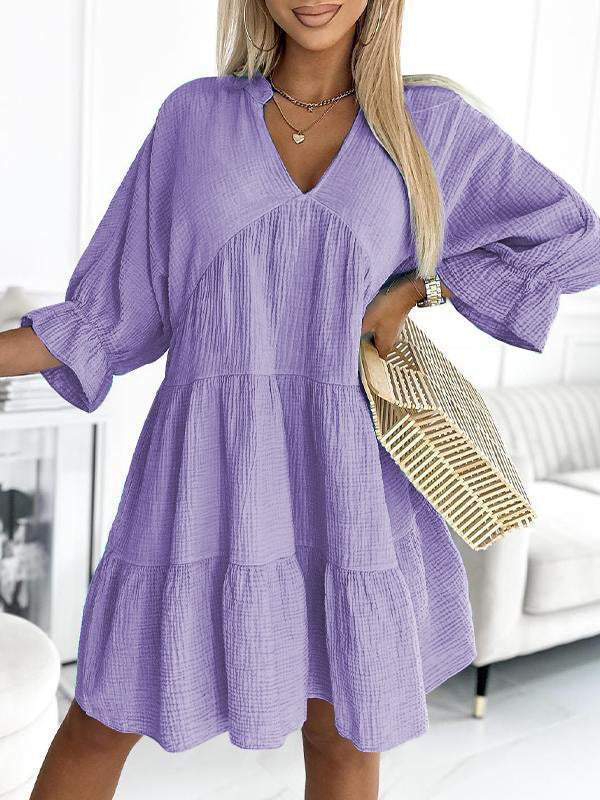 V-neck Solid Color Patchwork Loose Dress purple