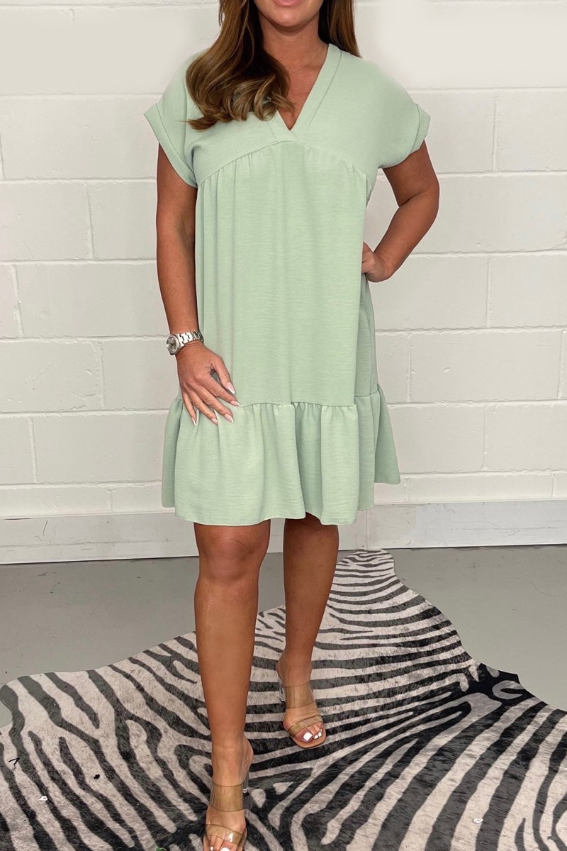 V-neck rolled sleeve dress Light green