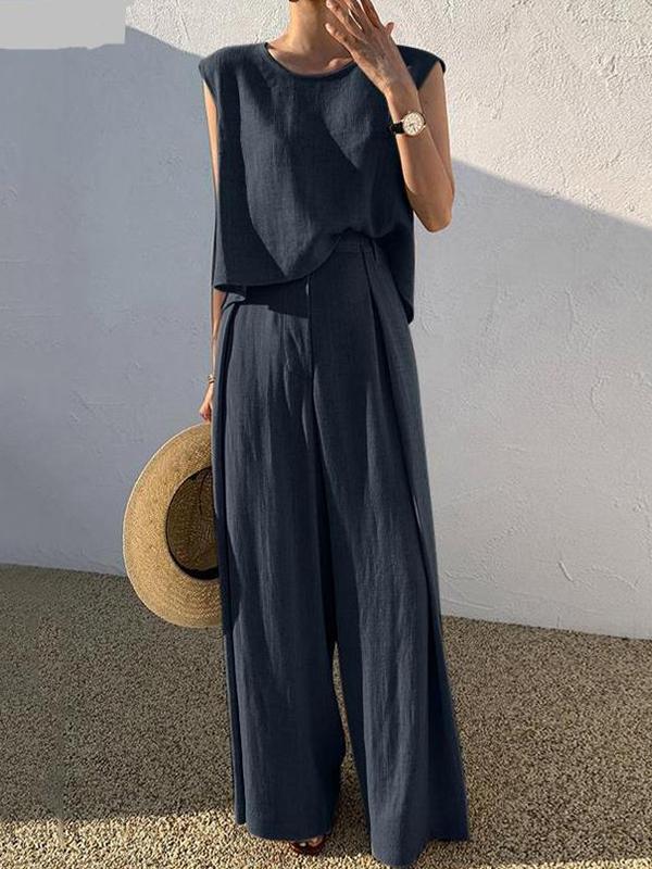 Cotton and Linen Fashion Casual Loose Two-piece Sleeveless Blouse Loose Wide Leg Pants Blue