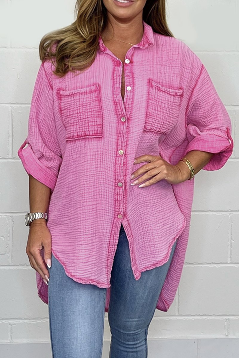 Distressed cotton and linen shirt Pink