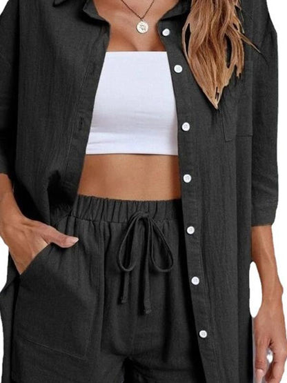 Women's Cardigan Solid Color Button Front Drop Shoulder Shirt Suit Black