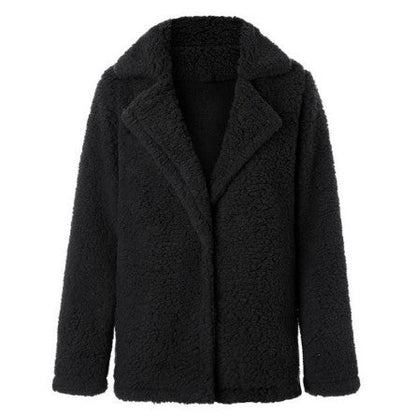 Lapel solid long sleeve coat black