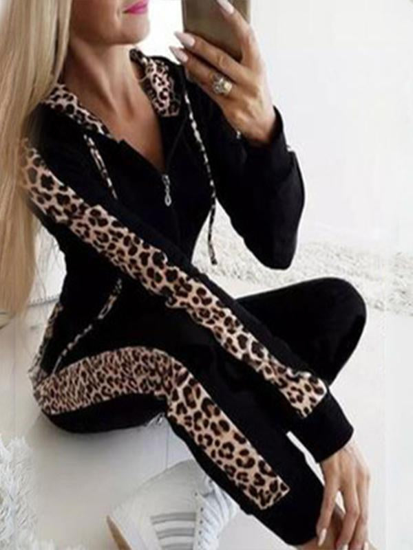 Women's Leopard Print Zipper Hoodie Trouser Suit Sexy Home Wear Black