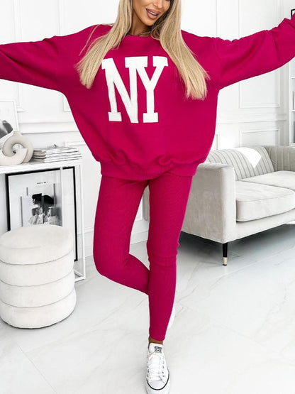 Women's Fashion NYC Sweatshirt and Lined Leggings Set Rose Red