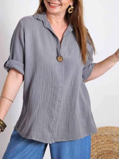 Women's Lapel Solid Color Cotton and Linen Top