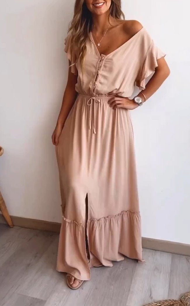 Casual V-neck Belted Dress apricot