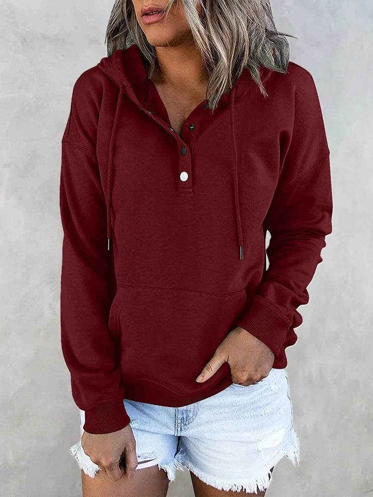 Hotouch Solid Button Front Hoodie with Pocket Red