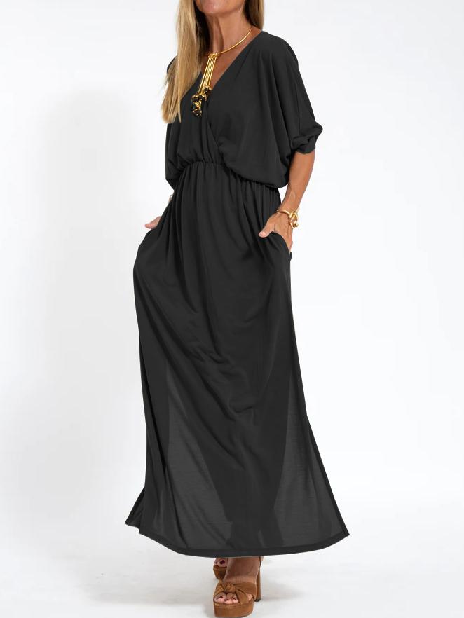 Women's Casual Solid Color V Neck Slit Dress Black