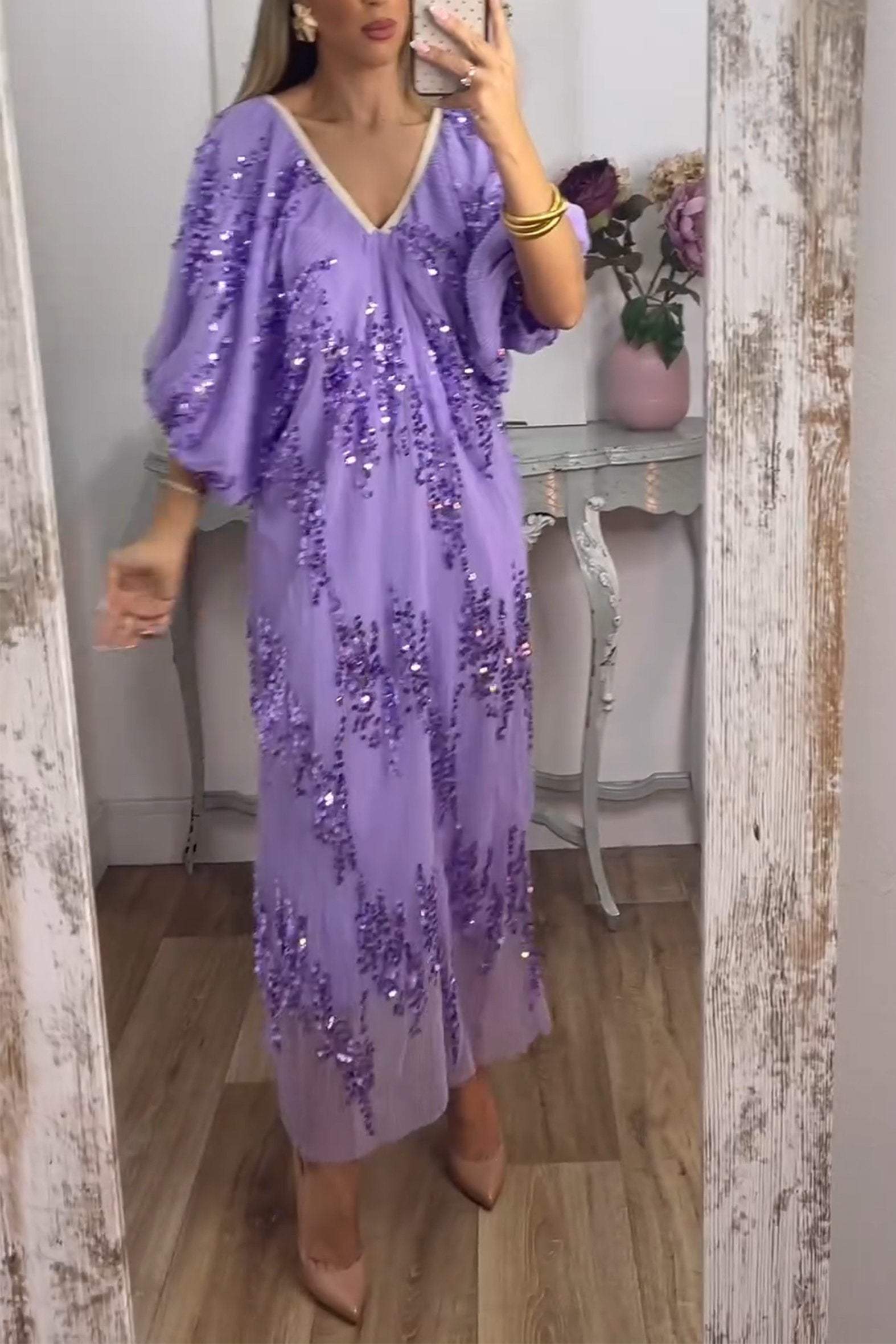 V-neck Sequin Dress Purple