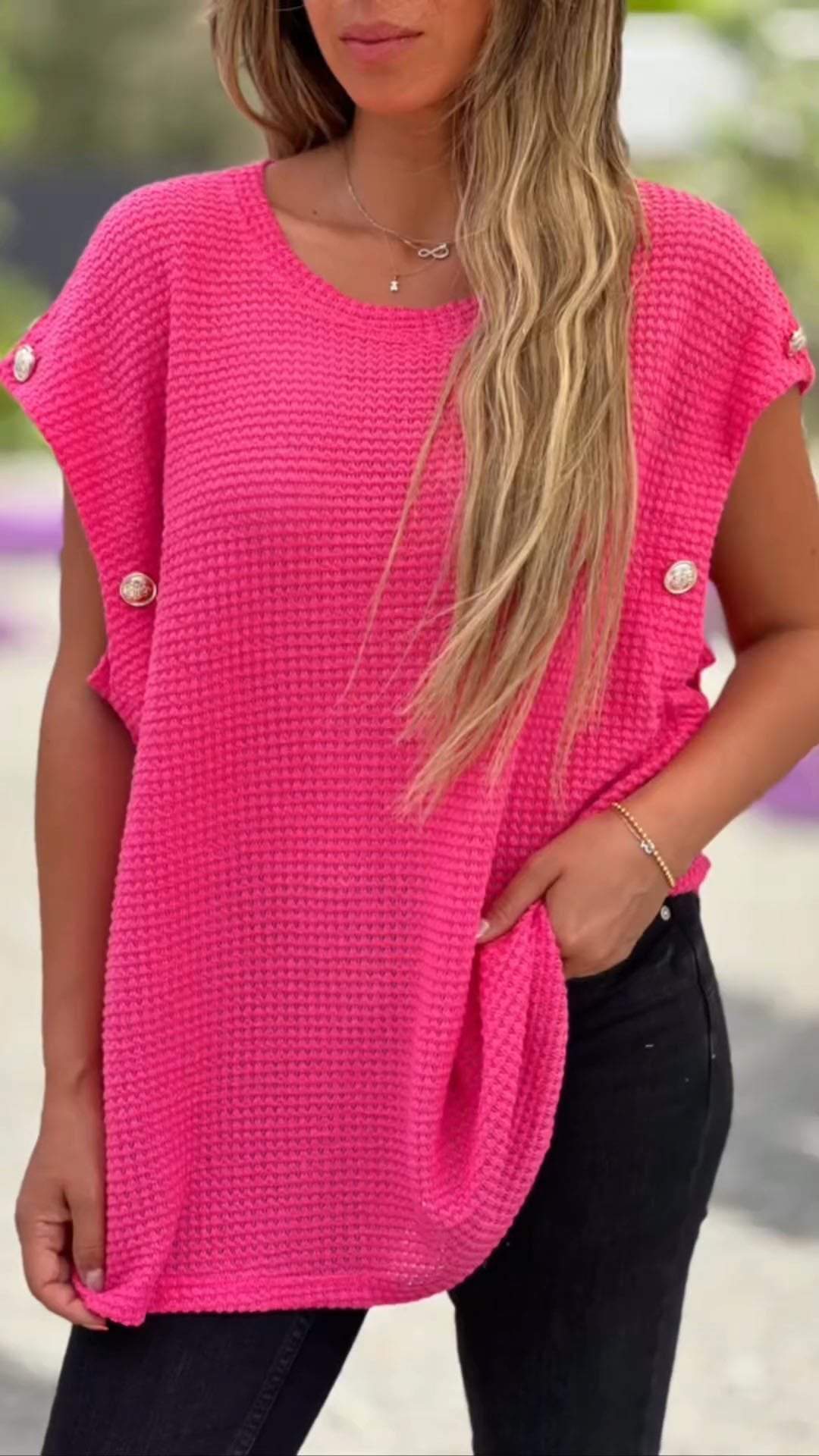 Waffle Button One Sleeve Top