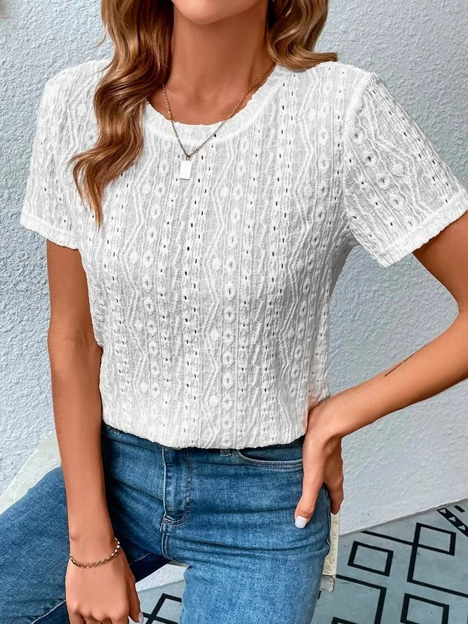 Loose Casual Crew Neck Solid Eyelet Embroidery Round Neck Tee