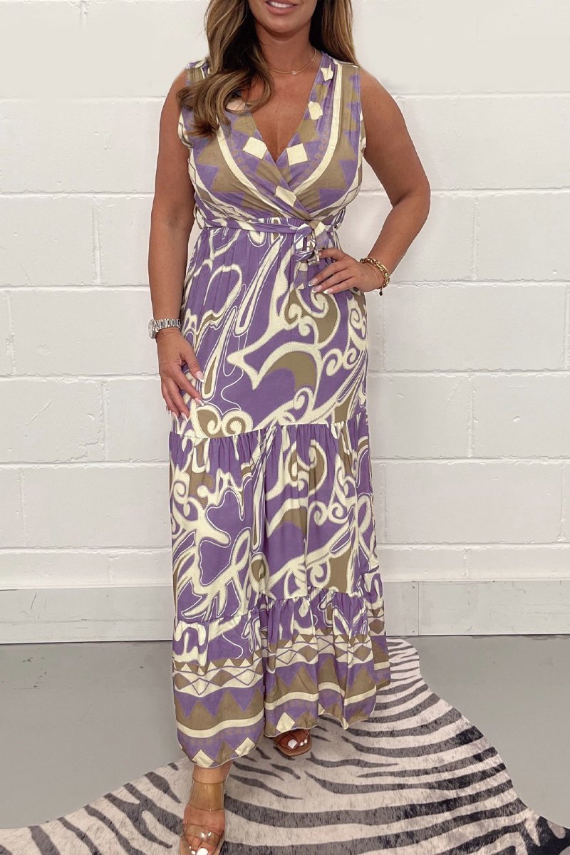 V-neck printed long dress Purple