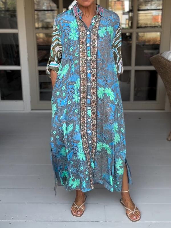 Casual Lapel Loose Printed Dress turquoise