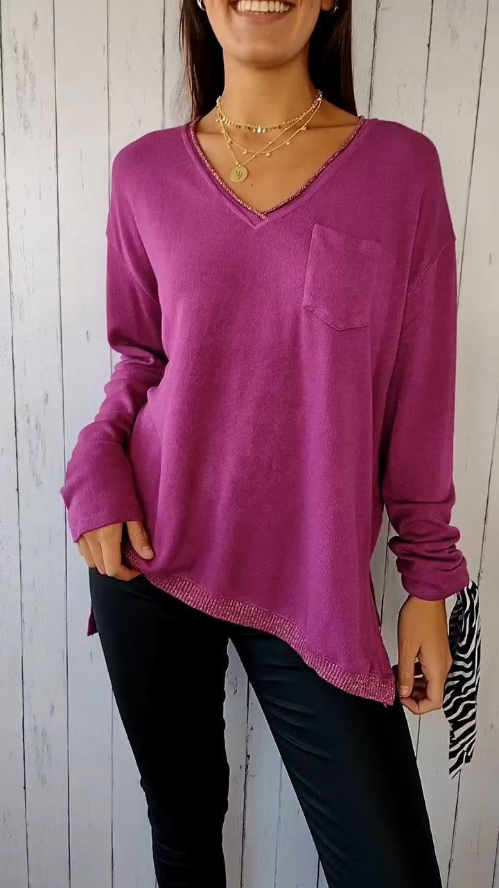 Knitted V-neck Long-sleeved Casual Top purple