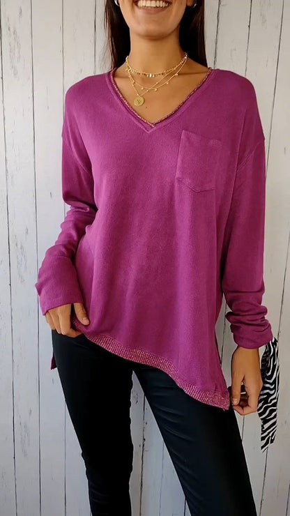 Knitted V-neck Long-sleeved Casual Top purple