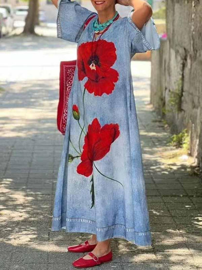 Women's V-neck Printed Denim Dress