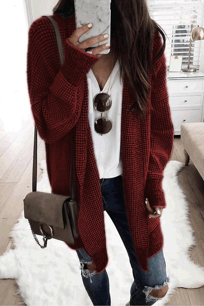 Waffle Texture Cardigan Wine Red