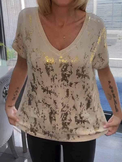 Women's V-neck Gold-stamped Short-sleeved Top