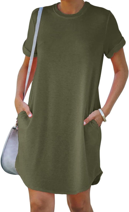 Round Neck Short Sleeve Casual Dress army green