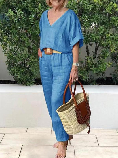 Women's V-neck Casual Cotton and Linen Top and Pants Suit Blue