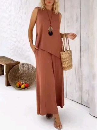 Women's Casual Solid Color Cotton Irregular Tops and Pants Set Brown