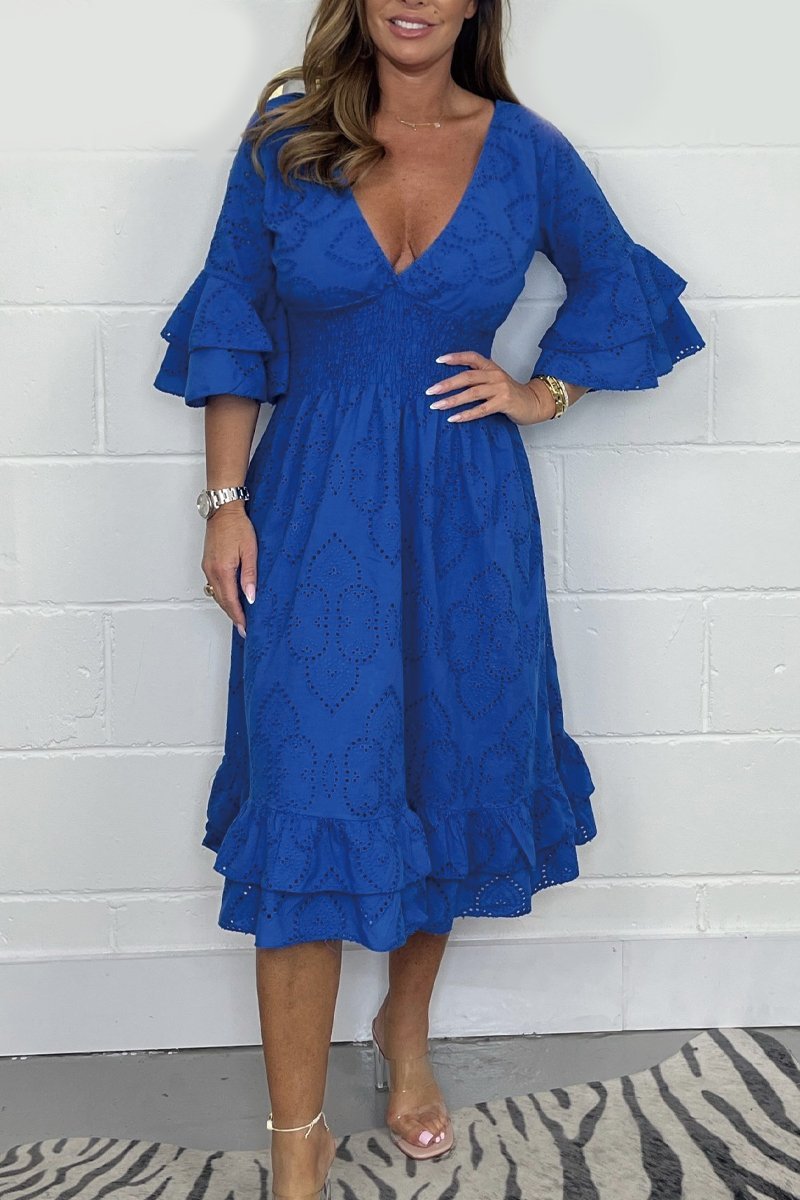 Smocked V Neck Dress Blue