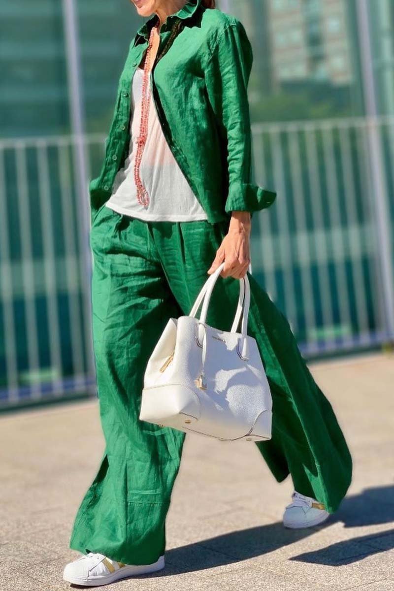 Casual solid color cotton and linen suit Green