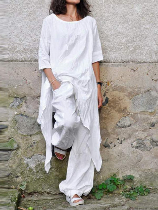 Casual Loose Shirt Top Irregular Hem Round Neck 3/4 Sleeve Cotton Linen Suit White