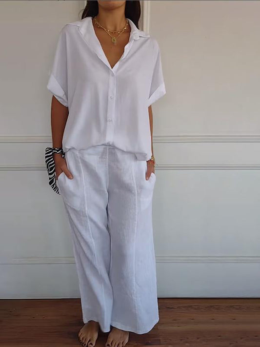 Women's Cotton and Linen Solid Color Two-piece Set White