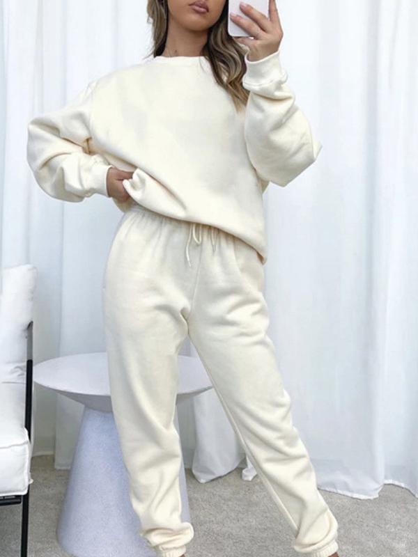 Solid color round neck trousers and long sleeve sweatshirt suit White