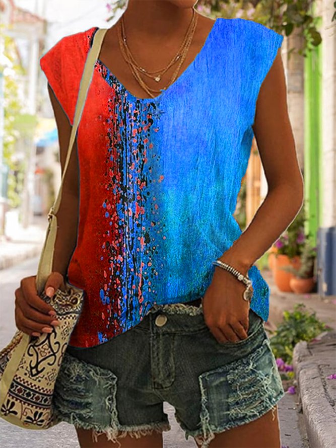 Women Color Block Casual Regular Fit Tank Top Blue