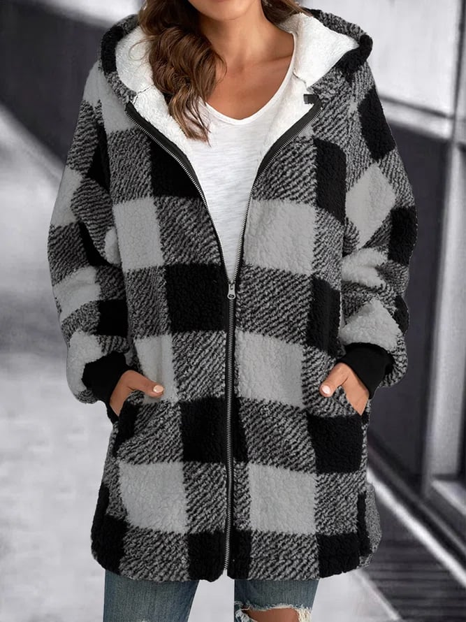 Women Oversized Hoodie Plaid Loose Overcoat Grey