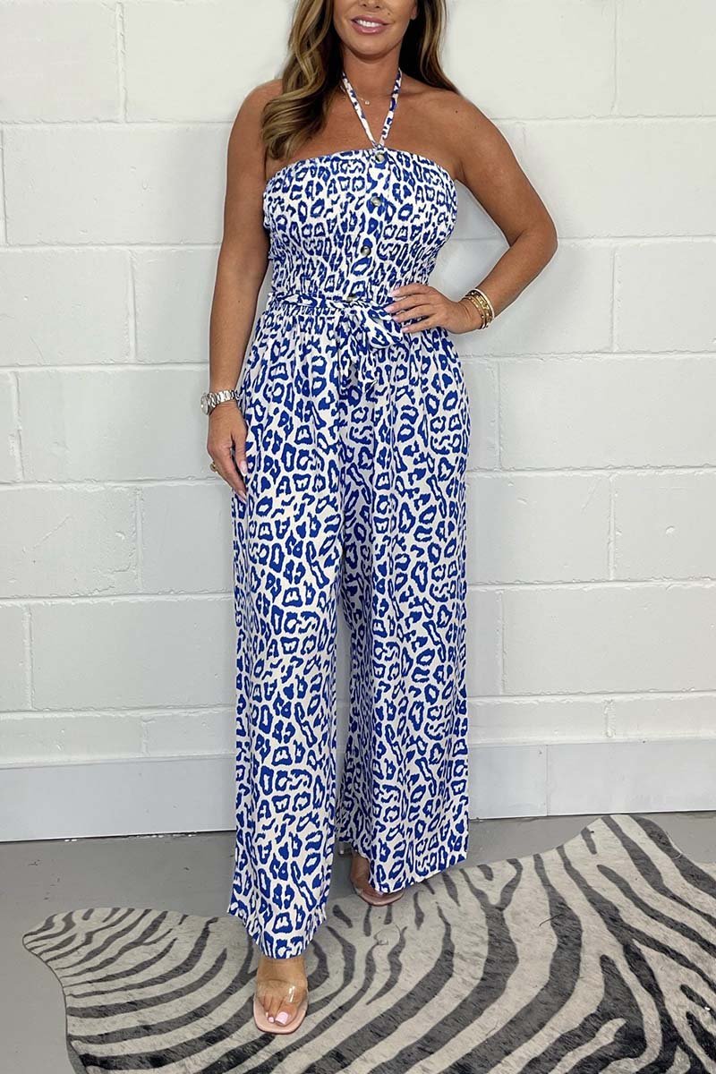 Button leopard print jumpsuit Blue