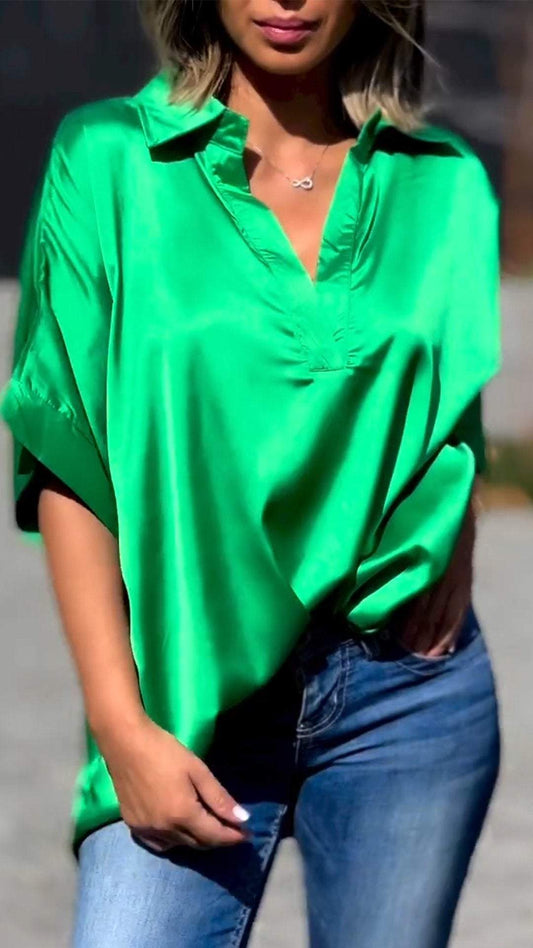 Satin Silk V-neck Top Green