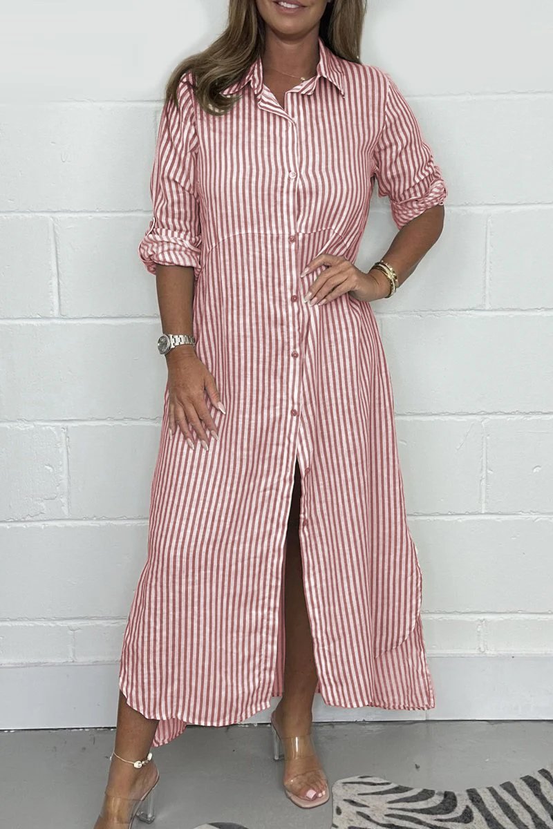 Women's Striped Button Long Shirt Dress Pink