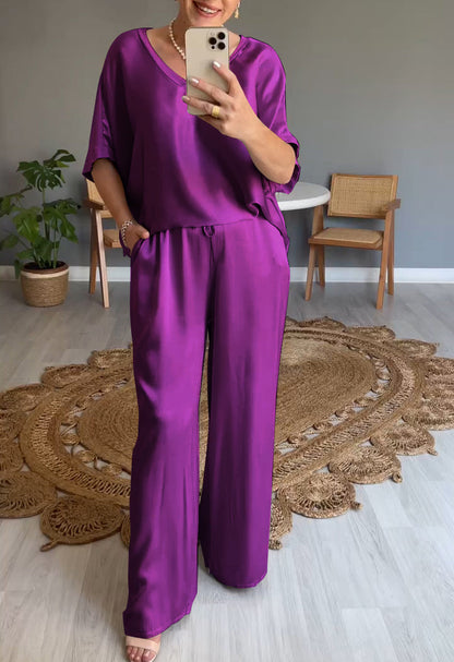 V-neck Satin Two-piece Suit purple