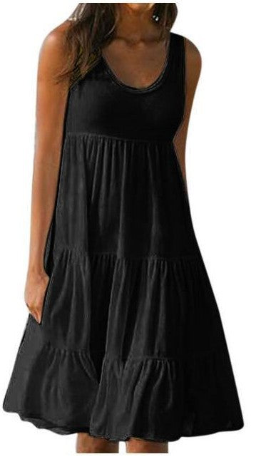 Sleeveless round neck dress stitching big swing beach dress black